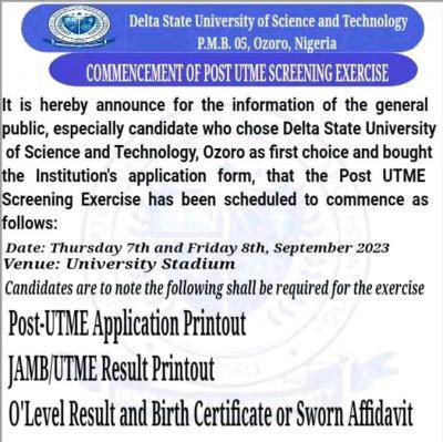 Delta State University of Science and Technology Post-UTME Screening Date