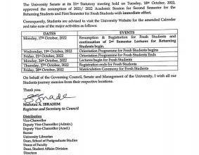 FUOYE Date for Resumption of Academic Activities