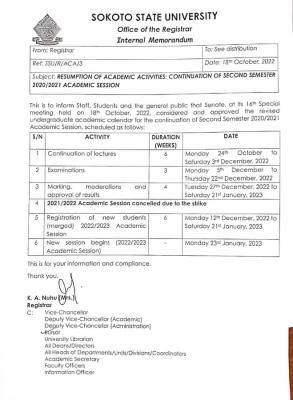 Sokoto State University Resumption Date