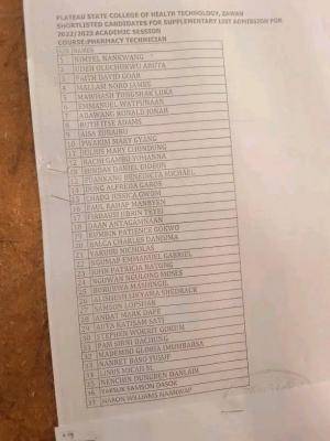 Plateau State College of Health Tech Zawan Supplementary Admission List