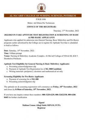 Al-Ma'arif College of Nursing sciences notice on screening exercise