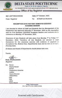 Delta Polytechnic Otefe-Oghara Resumption Date for 1st Semester