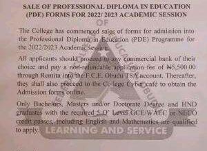 FCE College of Education, Obudu PDE admission form