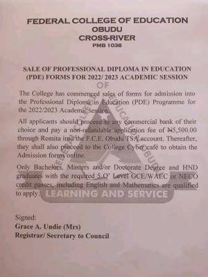 FCE College of Education, Obudu PDE admission form