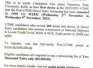 NSUK Post-UTME Application Deadline