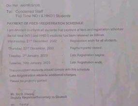 Akwa-Ibom Polytechnic Payment of Fees/Registration Schedule