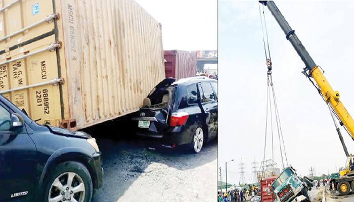 Driver dies, passengers escape as container crushes vehicles