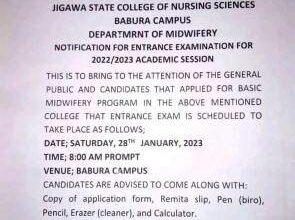 Jigawa State College of Nursing Entrance Exam Date