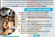 Delta State Bursary and Scholarship Award Application Form