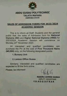 Abdu Gusau Polytechnic Admission Form
