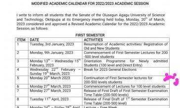 OAUSTECH modified Academic Calendar