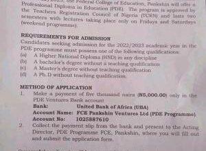 FCE Pankshin Professional Diploma in Education Admission Form