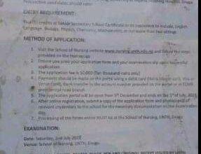 UNTH School of Nursing Admission Form