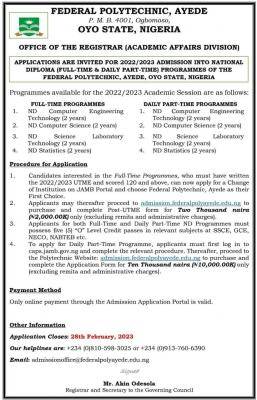Federal Polytechnic Ayede Admission Form