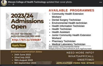 Wecare College of Health Technology Admission Form
