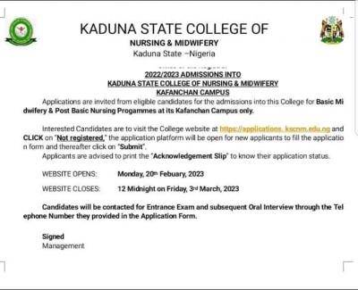 Kaduna State College of Nursing Admission Form