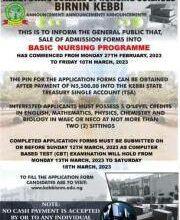 Kebbi State College of Nursing Basic Nursing Admission Form