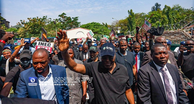 Atiku, PDP Stakeholders Storm INEC, Protest Against Election Results
