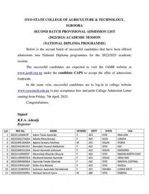 Oyo State College Of Agriculture 2nd batch ND Admission List