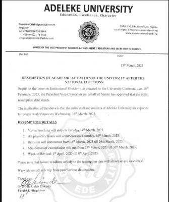 Adeleke University Resumption Date