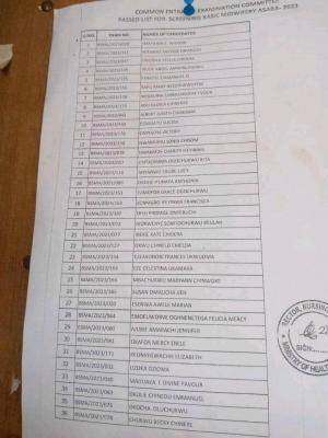 School of Midwifery Asaba List of Successful Candidates for Basic Midwifery