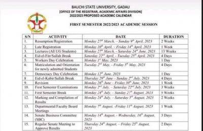 BASUG academic calendar