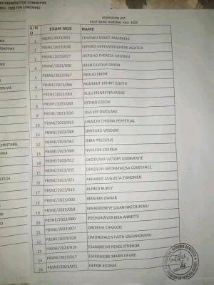 Delta State Ministry of Health School of Nursing Admission List