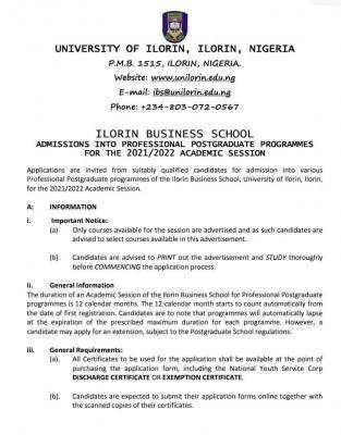 University of Ilorin Business School Admission Form