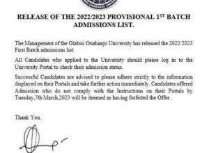 OOU 1st Batch Admission List