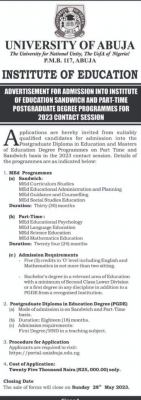 UNIABUJA Institute of Education Sandwich & Part-Time Postgraduate Admission Form