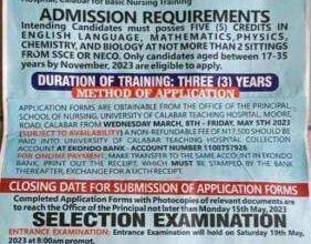 UNICAL Teaching Hospital School of Nursing Admission Form