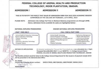 Federal College of Animal Health & Production Tech ND/HND Admission Form