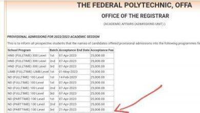 Fed Poly Offa 3rd batch ND Part-Time Admission List