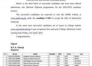 Oyo State College Of Agriculture ND 3rd Batch Admission List