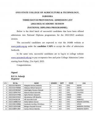 Oyo State College Of Agriculture ND 3rd Batch Admission List