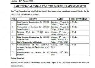 OOU Rain Semester Academic Calendar