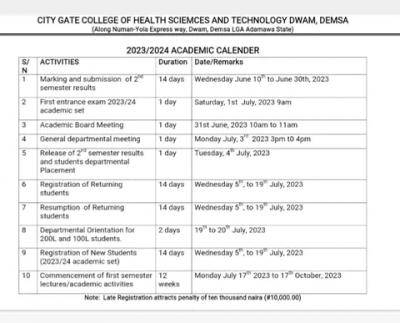 City Gate College of Health Science Academic Calendar