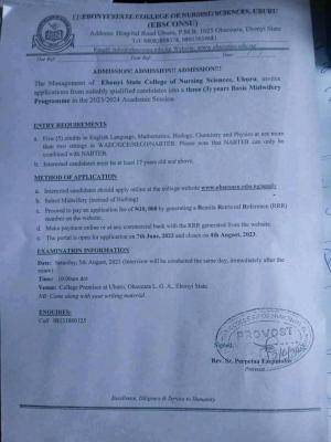 Ebonyi College of Nursing Basic Midwifery Admission Form