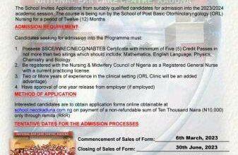 NECC Kaduna Post-Basic ORL/ENT Nursing Admission Form