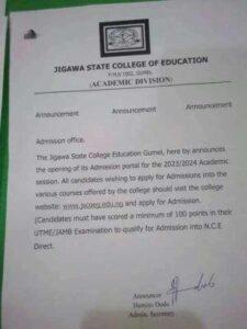 Jigawa State College of Education Admission Form