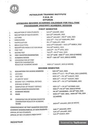 PTI Second Semester Academic Calendar