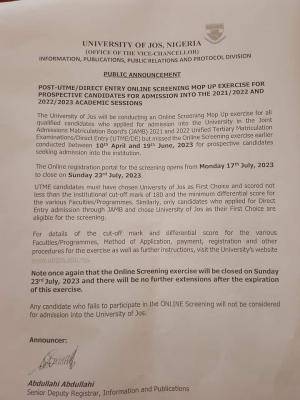 UNIJOS Mop-up Screening Exercise for Post-UTME Registration