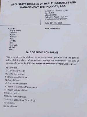Abia State College of Health Science Admission Form