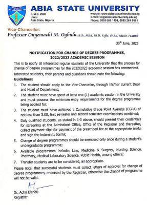 ABSU Change of Degree Programme Application Form