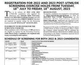 ABU Post-UTME Screening Schedule