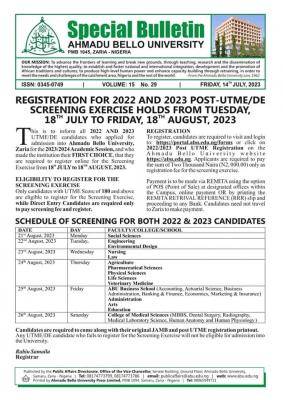 ABU Post-UTME Screening Schedule