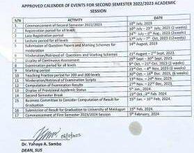 Aminu Saleh COE Second Semester Academic Calendar