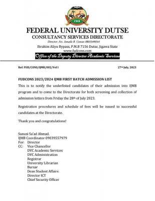 FUDutse 1st Batch IJMB Admission List