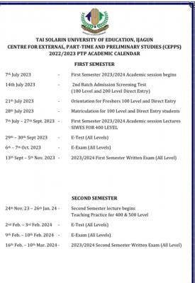TASUED Part-time & Preliminary Studies Academic Calendar