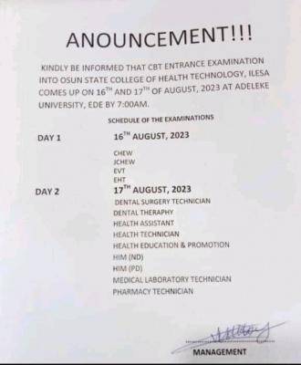 Osun State College of Health Technology Entrance Exam Date